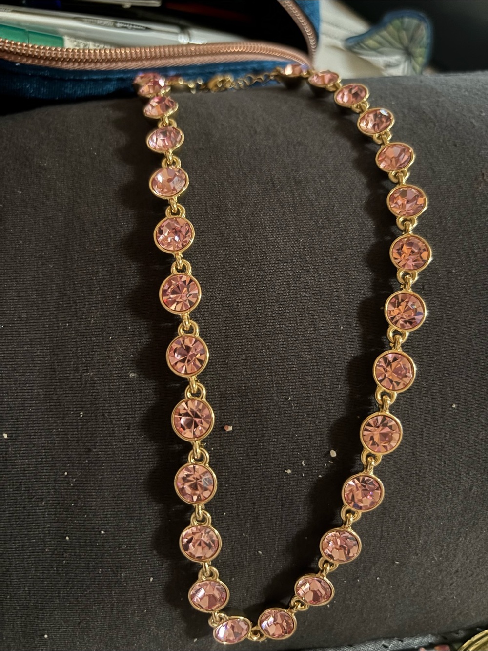 Gold-Tone Necklace with Pink Crystal Link Accents
